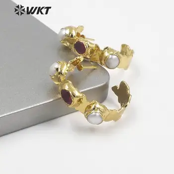 WT-MPE050 Vairumtirdzniecības jaunā dizaina C forma sievietēm auskariem modes zelta electroplated triple akmens puse round pērļu auskari