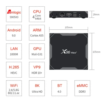 X96 Max Plus Smart Android 9.0 TV Kastē Amlogic S905x3 Quad Core 4GB 64GB 4K 8K Media Player X96 Max+ 2.4 G/5G Wifi BT4.1 TVBOX
