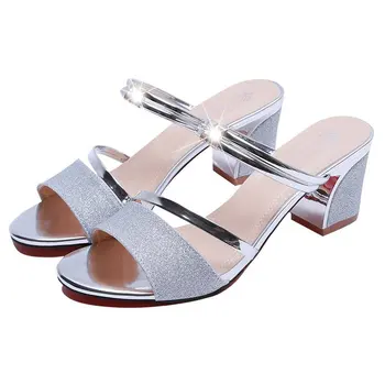 XDA 2019 JAUNS Bling Sieviešu sandales modes vasaras kvadrātveida papēdi sieviešu sandales sieviešu sexy open toe sandales romiešu sieviešu kurpes