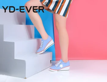 YD-KĀDREIZ Sievietes Ikdienas Kurpes platformas ķīlis kurpes zvaigžņu āra pavasara rudens Sieviešu Audekla Kurpes modes čības plus lieluma sūkņi