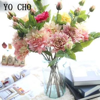YO CHO 2 gab., Mākslīgo Ziedu 2 Galvas Zīda Dahlia Balta, Rozā Simulācijas Ziedu Viltus Dahlia Kāzu Galda Dekorēšana Home