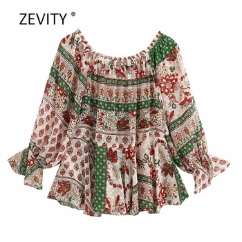 Zevity Jaunu 2020. gadam sieviešu vintage slash kakla krāsu atbilstības raibs drukāt smock blūze dāmas šiks šifons krekls feminina topi LS6832