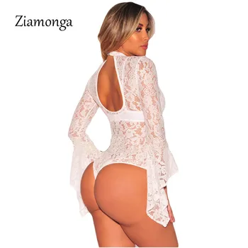 Ziamonga Rudens Combinaison Femme Melna Balta Milzīgais Ziedu Mežģīnes Bodysuit Bell Piedurknēm Augstu Uzrullētu Apkakli Bodysuit Garām Piedurknēm Ķermeņa Mujer