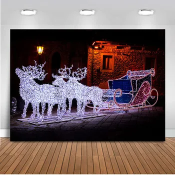 Ziemassvētku ziemeļbriežu fona kamanas ielas, nakts gaisma māja Fona foto Studija Ziemas fons, casitas de navidad