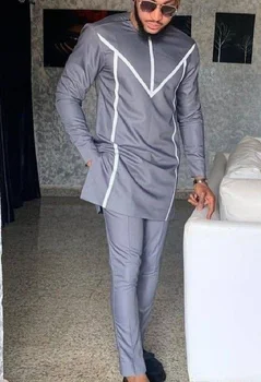 Āfrikas Modes O-veida kakla Top Un Bikšu Senators Stilu Vīriešu Apģērbs Kokvilnas Pelēks/Balts Raibs Krekls+ Elsas Cilvēks Komplekti