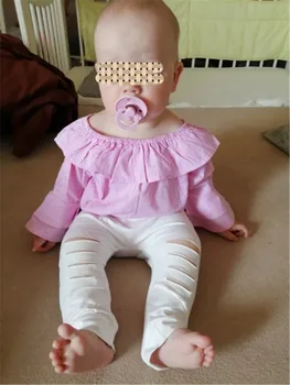 0 Līdz 18 Mēnešiem Jaundzimušais Zīdainis, Mazulis Meitenes Apģērbu Komplekts Rozā Off Pleca Romper +Balts Ripped Džinsi Bikses Set Baby Meiteņu Tērpiem