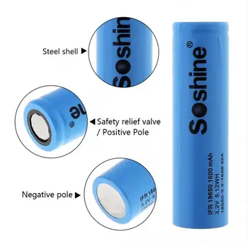 2 gab sākotnējā SOSHINE 18650 3.2 v 1600mah Augstas Ietilpības 32A uzlādējams akumulators LiFePo4 baterijas zilā jauni LED Lukturi