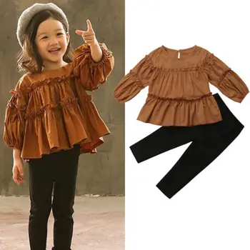 2018 Jaunā gada rudenī, pavasarī baby kids Meitenes Apģērbu komplekts ar garām Piedurknēm ruffles T-krekls Topi un Legingiem 2gab apģērbs Apģērbs