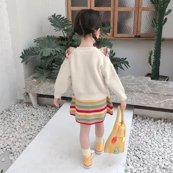 2019 Jaunu Modes Baby Girl Dizaina Rudens Adīšanas Džemperis Svītrainām Coloful Top un Svārki Viena Meitene, Auduma Meiteņu Džemperis Kleita