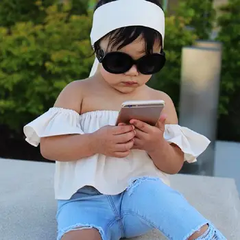2019 Modes Toddler Meitenes Bērniem Pie Pleca Caurules Tops + Džinsa Bikses+ Handband 3pcs Apģērbs, Apģērbu Komplekts