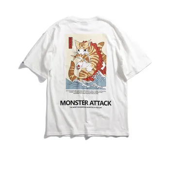2019 SS Monstru Uzbrukumu Harajuku Vīriešu T Krekli Vasaras Japānas Stila Smieklīgi Monster Kaķis Apkalpes Kakla Īsām Piedurknēm Kokvilnas Tee Krekli