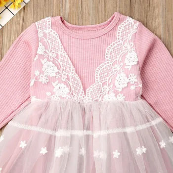 2019 jaunu kleitu sweet Baby Meitenes Toddler Bērniem Ziedu Mežģīņu Tamborēšanas kleita ar garām piedurknēm Princess Puse rozā Tilla Tutu Kleita