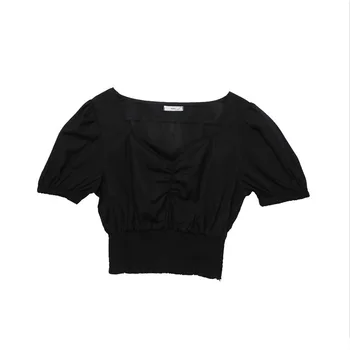 2020V Apkakles Sexy T-krekls Sieviešu Modes Puff Sleeve Sieviešu Īsās Topi Slim Plus Lieluma Melna Balta t-veida Sieviešu Apģērbi
