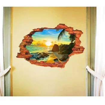 3D Broken Sienas Uzlīmes Bērnu Istabas Mājas Apdare Iestatījuma Saules Ainava Ainava Salas Nepatiesu Logu Art sienas Sienas Uzlīmes