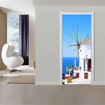 3D radošo Santorini durvis, sienas uzlīmes uzlīmes pašlīmējošās ūdensizturīgs noņemams