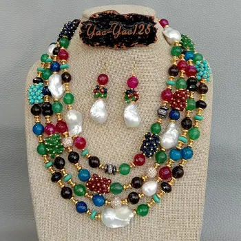 4 Dzīslas Balts Keshi Pērle Agates Izgatavots Turquoises Čehija, Kaklarota, Auskaru Komplekts