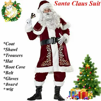 9Pcs Samta Deluxe Santa Claus Cosplay Tērpu Ziemassvētku Kostīms Pieaugušo Masku Pilns Komplekts Cosplay Ziemassvētku Komplekti