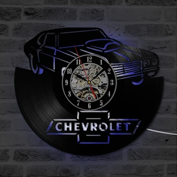 Auto Chevrolet Logo Vinila Ieraksts Pulkstenis Radošo Sienas Mākslas Karājas Pulkstenis Retro Mājas Dekoru Mūsdienu Dizaina LED Sienas Pulkstenis
