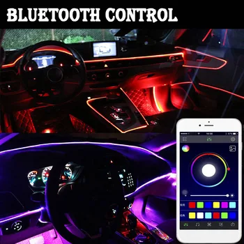 Automašīnas salona Atmosfērā Lampas 12V RGB LED Optiskās Šķiedras Apdare Neona EL Strip Gaismas Bluetooth APP Kontroles