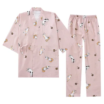 BZEL Kokvilnas Sleepwear Sieviešu Pidžamas Komplekts Kimono Stila Pijama Mujer Cute Cat Modelis Mīksta Pidžamas Ērti Naktsveļu Homewear
