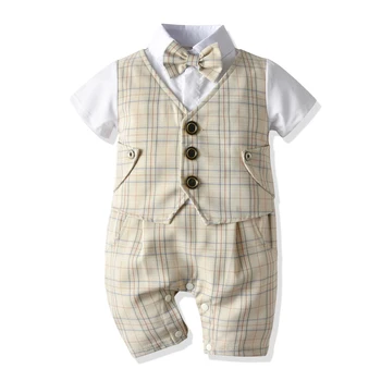 Baby Zēni Džentlmenis Romper Īsām Piedurknēm Pleds Veste Viens Gabals Jumpsuit Ar Tauriņu Bērnu Apģērbu Komplekts 0-3 Gadi