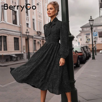 BerryGo Polka dot melna eleganta kleita sievietēm Laternu piedurknēm sasiet kakla garās kleitas pavasara-line biroja dāmas puse kleita vestido