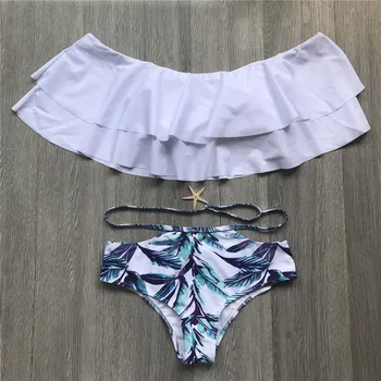 Bikini Komplekts 2019 Doubledeck Flouncing Peldkostīmu Push Up peldkostīms, sexy Sievietes Augsta Vidukļa Peldkostīmi Pie Pleca Peldēšanas Tērpi