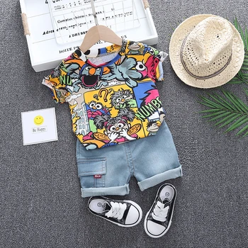 Bērnu Apģērbi Apģērbs Zēniem Summer Cartoon Dzīvnieku Print T Kreklu komplektu un Īsi Džinsi noteikti Zēns Apģērbu Kostīmu 1 2 3 4 Gadiem