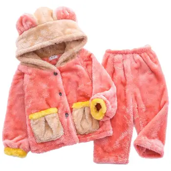 Bērnu Flaneļa Pidžamas Zēniem, Meitenēm, Jaunas Biezs Silts Karikatūras Kapuci Tops un Bikses Homewear Komplekti 2020 Rudens Ziemas Sleepwear Uzvalks