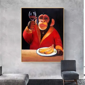 CNPAINTING Sienas Mākslas Audekls Gleznošanai Dzīvnieku Attēlu Plakātu Mērkaķis Chimp Dzerot Vīnu Smēķēšana dzīvojamo Istabu Mājas Dekoru Bez Rāmja