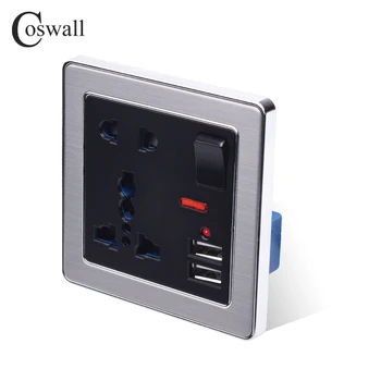 Coswall 13A Universal 5 Caurumu Ķēžu Sienas Kontaktligzda Ar Neona 2.1 Dual USB Lādētāja Ports LED indikators Melna Nerūsējošā Tērauda Rāmis