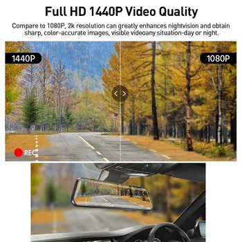 E-ACE 2K Auto Spoguļi Dvr 10.0 Collu Dashcam 1440P Video ierakstītājs ar 1080P atpakaļskata kamera Auto Reģistrators Nakts Redzamības GPS