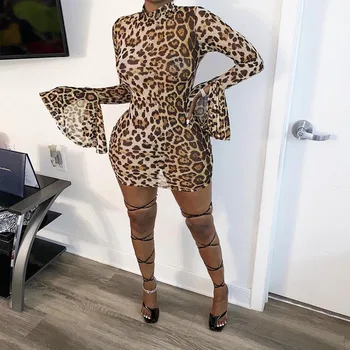 Echoine Garām Piedurknēm Leopards Drukāt Mini Kleita Izlīdzināšanu Piedurknēm Sexy Bodycon Izdilis Kluba Tērpiem