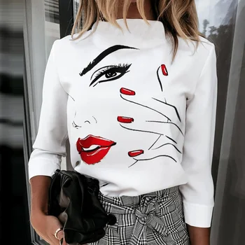 Elegants Sieviešu Lūpām Drukāt Blūze Krekli Rudens garām Piedurknēm Stāv Kakla Ikdienas Džemperis Top Sieviete Vintage Pogu Modes Blusa 3XL