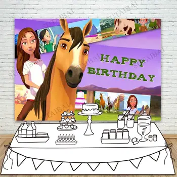 Gars Zirgu Tēmu Dzimšanas dienas svinības Fons Bērniem Atdzist Meitene Violeta Fona Baby Duša Cake Tabel Sienas Rotājumi Banner