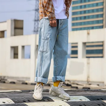 Hip Hop Taisni Džinsi Vīriešu 2019 Rudens Streetwear Zaudēt Plaša Kāju Vidus Viduklis Kabatas, Zilā Potītes Garuma Džinsa Bikses