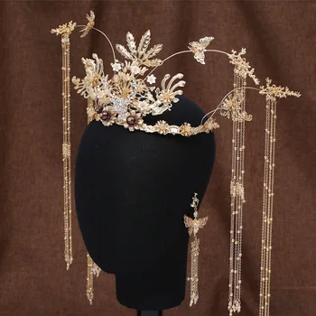 Jauna, Ķīniešu stila ilgi pušķis tauriņš Līgava Tiara ceremonija Vintage Phoenix Coronet matu, Rotaslietas sievietes