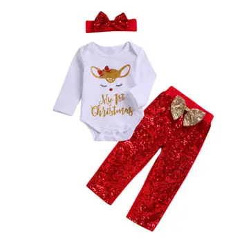 Jaunais Ziemassvētku Jaundzimušo Bērnu Bērnu Apģērbu Briežu Drukāt Topi+Flamingo Bikses+sequin priekšgala galvu Tērpiem 3PCS