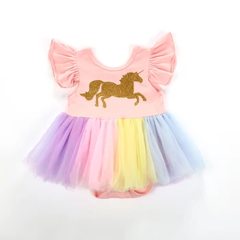 Jaundzimušais Meitenes, Unicorn, Ruffles Piedurknēm Krāsains Mežģīņu Tutu Romper Apģērbs, Zīdaiņu Apģērbs