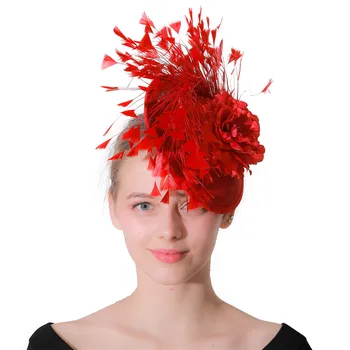 Jaunā Stila Dāmas Matu Fascinator Sarkanas Cepures ar Iedomātā Ziedu uz Haiirbands Sievietēm Elegants Puse Precējies Sacensību Spalvu Cepures