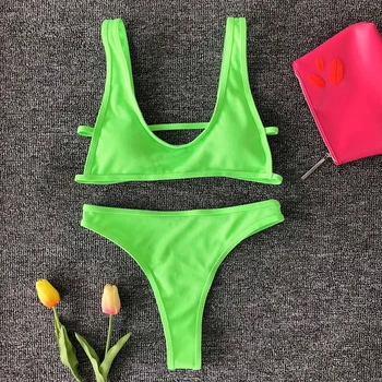 Karlofea Vasarā Pamata Beach Bikini Komplekti Sieviešu Modes Salātu Neona Zaļa, Rozā Augsta Vidukļa Siksna Beachwear Sexy Backless Peldkostīmi