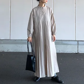 Korejas Japāna Minimālisma Garām Piedurknēm Maxi Kleita Lielajam Gadījuma Vienu Gabalu Apaļu Kakla Kritums Apģērbu Ptachwork Kroku Garās Kleitas