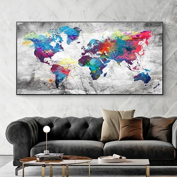 Krāsains Pasaules Karti Kanvas Glezna Plakāti un Izdrukas Anotācija Pasaules Kartē Sienas, Attēlus Dzīvojamā Istaba Dekori bez rāmīša