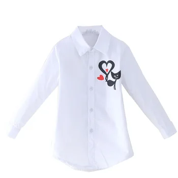 Labākā Pārdošanas Meitenes Apģērbu 2020. Gadam Vienkāršas Meitenes, Pavasaris&Rudens Modes garām piedurknēm Karikatūra Kaķis Balts Krekls Vidēja garuma Meiteņu Topi
