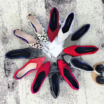 Luksusa Sievietes Dzīvokļi Kurpes Baleta Kurpes Sieviete Adīt Jauktu Krāsu Norādīja Toe Ērti, Elpojoši Slip-on Zapatos Mujer De 2020