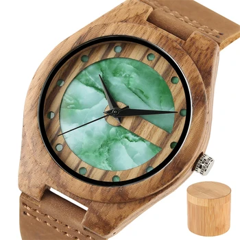 Marmora/Nefrīta Zaļā Punktiņi Kvarca Koka Vīriešu rokas Pulkstenis ir īsts Ādas Dabīgā Koka Pulkstenis ar Dabas Bambusa Kaste