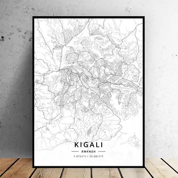 Melnā un Baltā Kigali Ruandā Platuma / Garuma grādi Audekls Mākslas Karti Plakāts