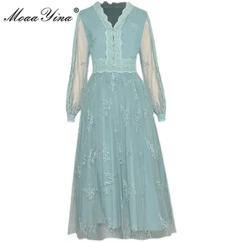 MoaaYina Modes Dizainera kleita Pavasara Sieviešu Kleita ar V-veida kakla ar garām piedurknēm Acs Vizuļi Izšuvumi Kleitas