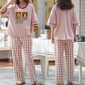 Modes 2 Gabali Komplekti Cute Pidžamas Sieviešu Pijamas Īsām Piedurknēm Apaļu Kakla Sleepwear Top Elastīgās Bikses Homewear Drēbes