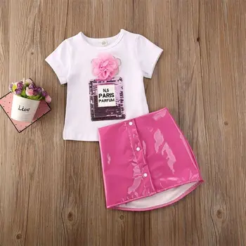 Modes Bērniem, Baby Girl Apģērbu Komplekts 3D Ziedu Īsām Piedurknēm Topi Tee Ādas-Line Svārki Apģērbs Vasaras Sunsuit 1-5Years